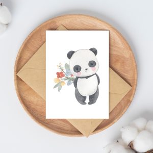 Karte Blumengrüße Panda, Grußkarte Glückwunschkarte Muttertag Geburtstag Geschenkidee Dankeskarte Geburtstagskarte, DIN A6
