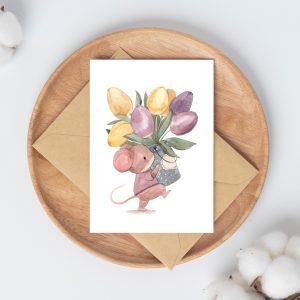 Karte Blumengrüße Maus mit Tulpen, Grußkarte Glückwunschkarte Muttertag Geburtstag Geschenkidee Dankeskarte Geburtstagskarte DIN A6