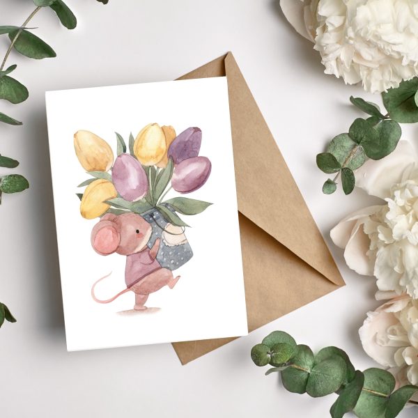 Karte Blumengrüße Maus mit Tulpen, Grußkarte Glückwunschkarte Muttertag Geburtstag Geschenkidee Dankeskarte Geburtstagskarte DIN A6