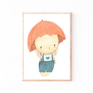Kinderbild Kinderposter "Hase mit Regenschirm", A4 & A3 Poster Kinderzimmer, Kinderbilder Babyzimmer Tiere, Wanddekoration, Baby Geschenk