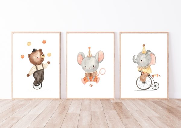 Kinderbild Kinderposter "Zirkus Elefant Bär Hase", A4 Poster, Kinderzimmer, Kinderbilder Tiere, Babyzimmer, Wanddekoration, Baby Geschenk