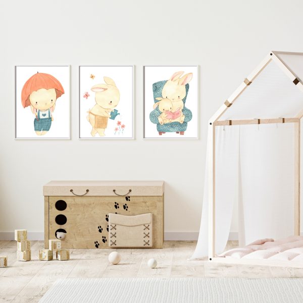 Kinderbild Kinderposter "Hasen", A4 & A3 Poster Kinderzimmer, Kinderbilder Babyzimmer Tiere, Wanddekoration, Baby Geschenk