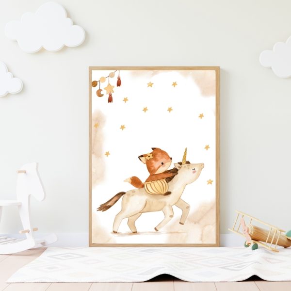 Kinderbild Kinderposter "Fuchs und Einhorn", A4, Kinderzimmer, Kinderbilder Tiere, Babyzimmer, Wanddekoration, Baby Geschenk