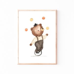 Kinderbild Kinderposter "Bär auf Einrad", A4 Poster, Kinderzimmer, Kinderbilder Tiere, Babyzimmer, Wanddekoration, Baby Geschenk