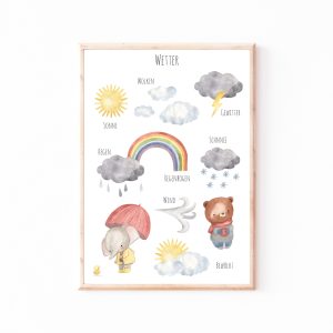 Poster Wetter Lernposter für Kinder A4 Kinderposter Poster Kinderzimmer Poster Geschenk Poster Kinder Wetter Sonne Wolken Regen Kinderzimmer