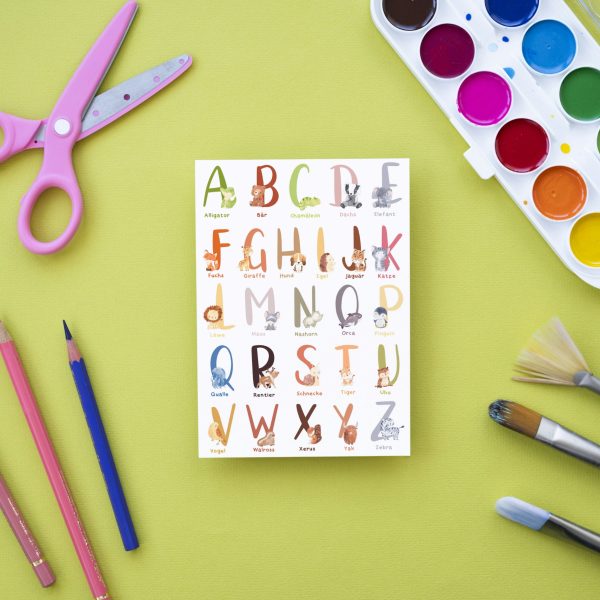 ABC Karte A6, Glückwünsche zur Einschulung Lernkarte, Karte zur Einschulung, Geschenke zur Einschulung, ABC lernen Alphabet, Alphabet Tiere